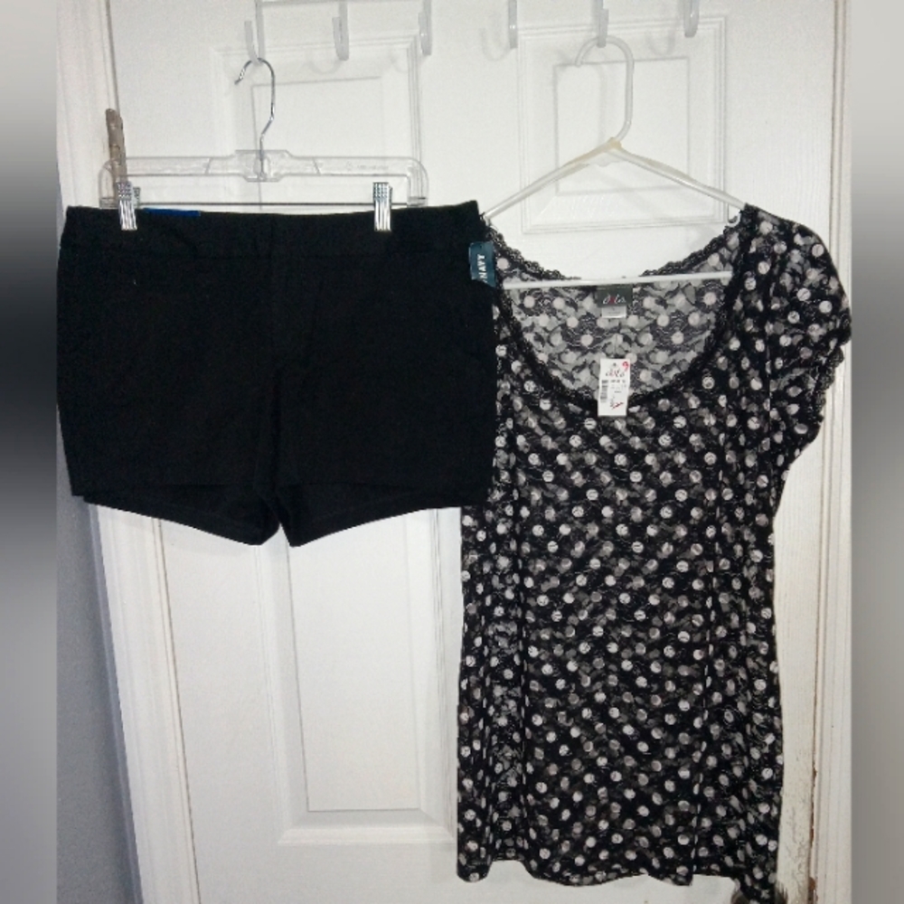 Woman's black Old Navy shorts size 12 and Dots polka-dot shirt large